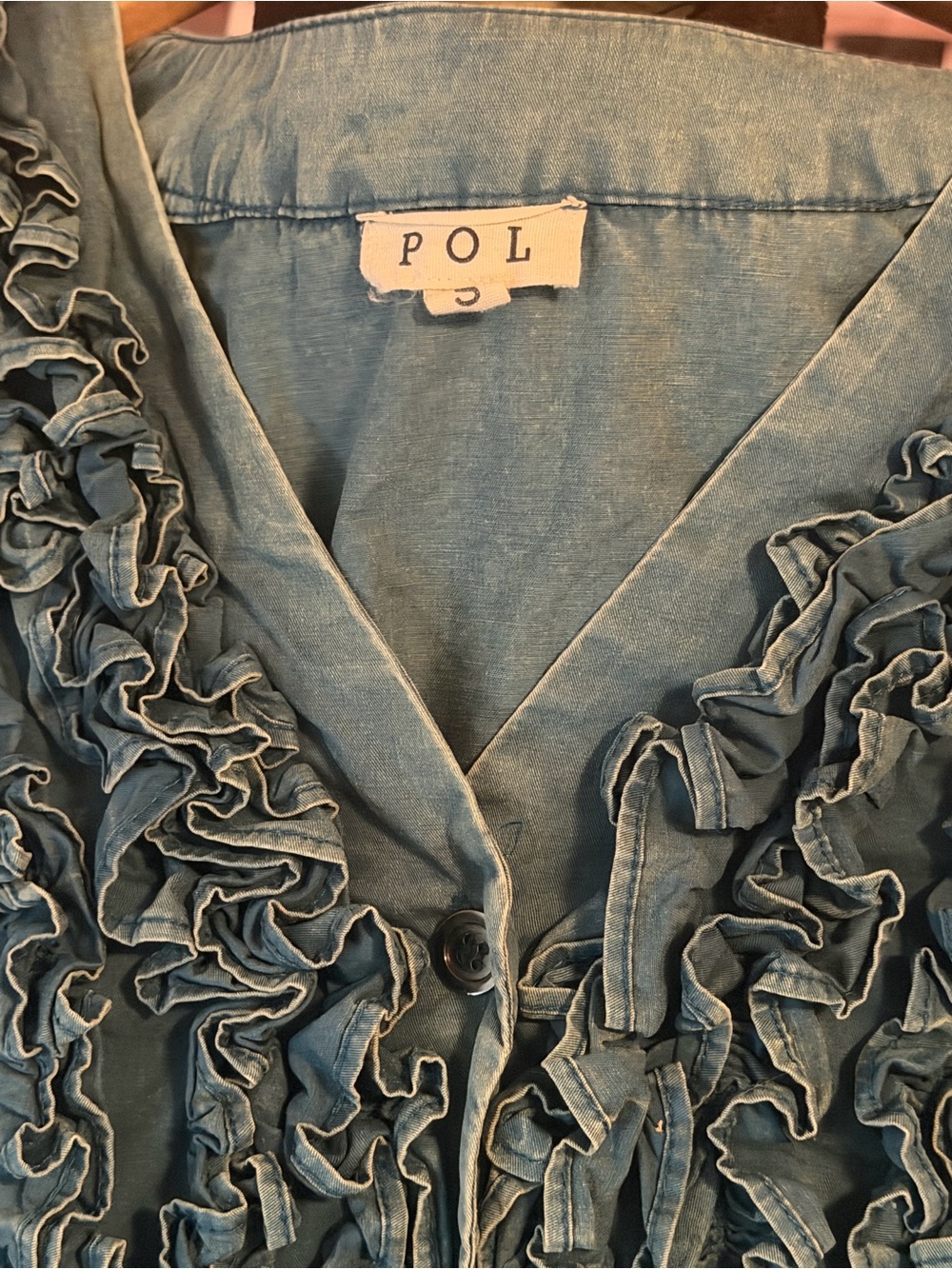 POL Teal Ruffled Button-Down Blouse - Picture 3 of 4